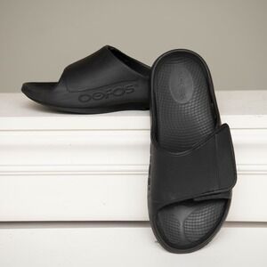 Oofos OOahh Sport Flex Black Recovery Slide Adjustable Sandals M8/W10 Ergonomic